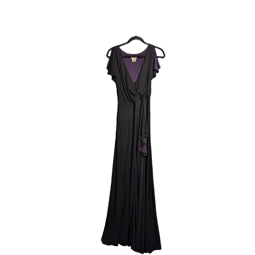 Karen Millen Black V-Neck Jersey Drape Flutter Sleeve Maxi Wrap Dress US 6